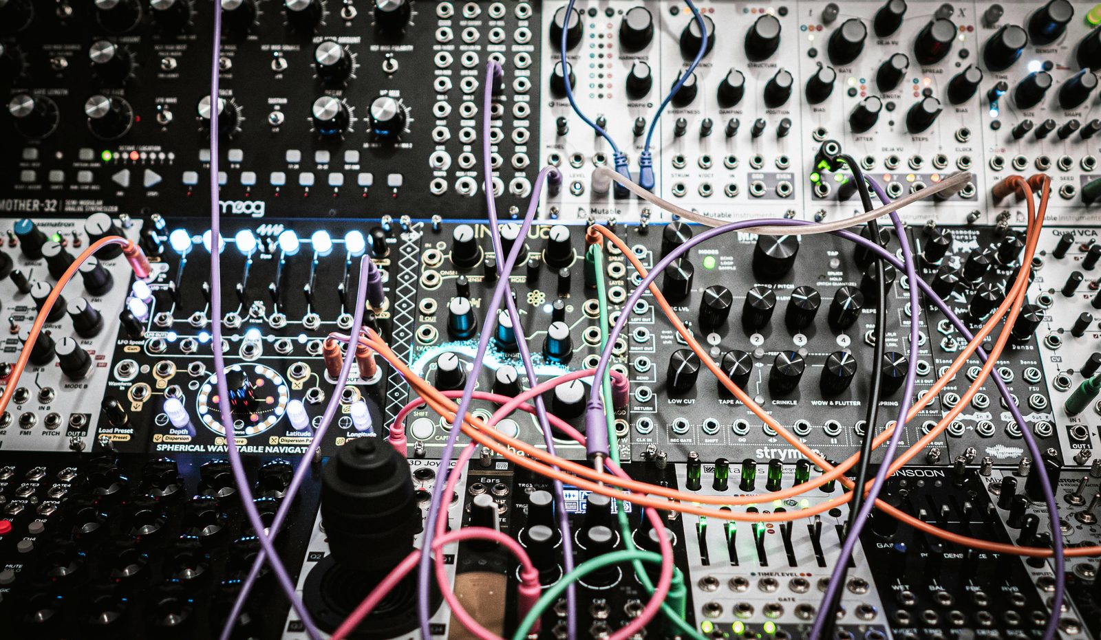 Dark modular synth closeup